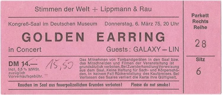 Golden Earring show ticket Munchen (Germany) - Deutches Museum March 06, 1975